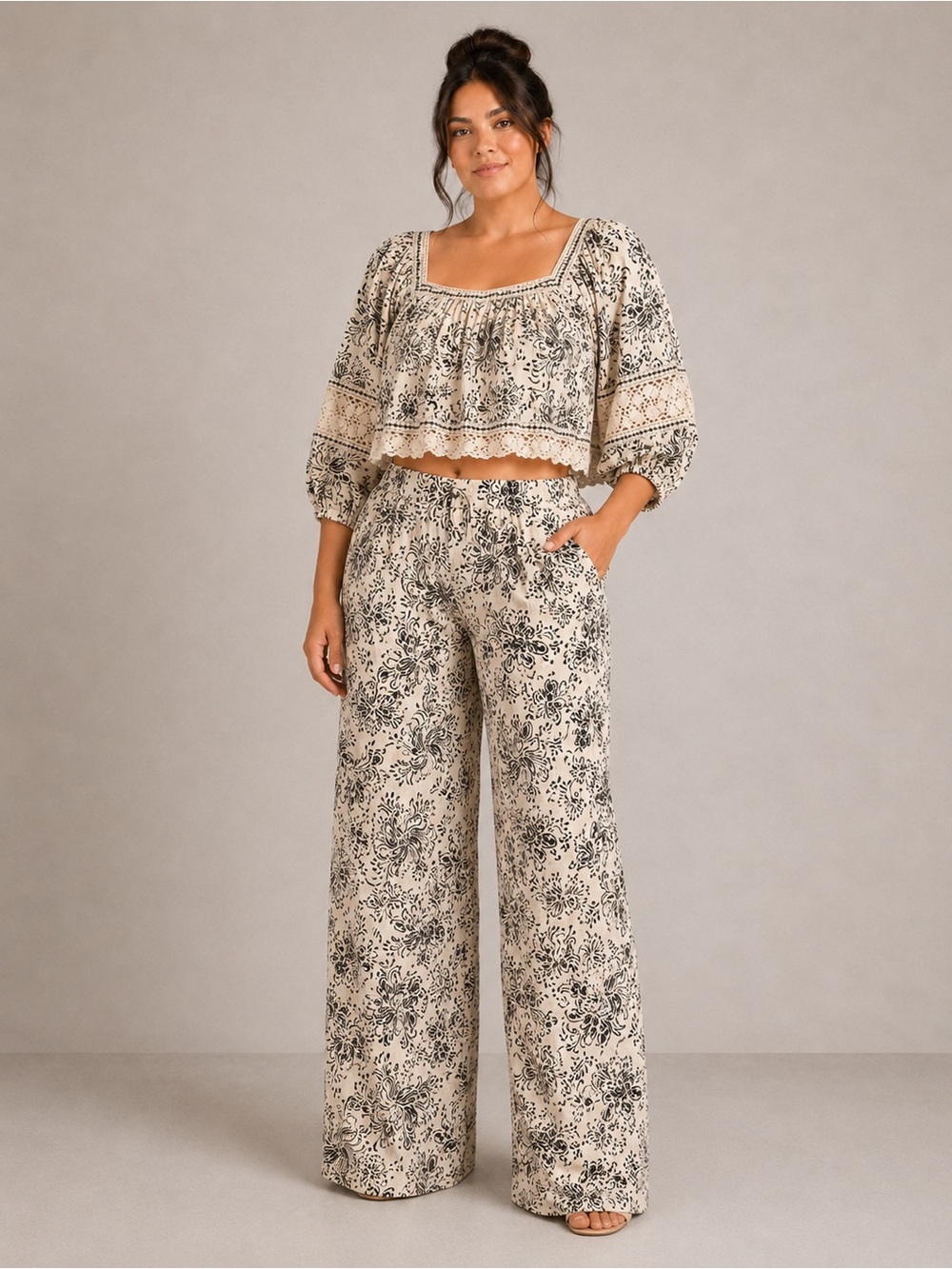 Christian Siriano Black and Cream Printed Two-Piece Set